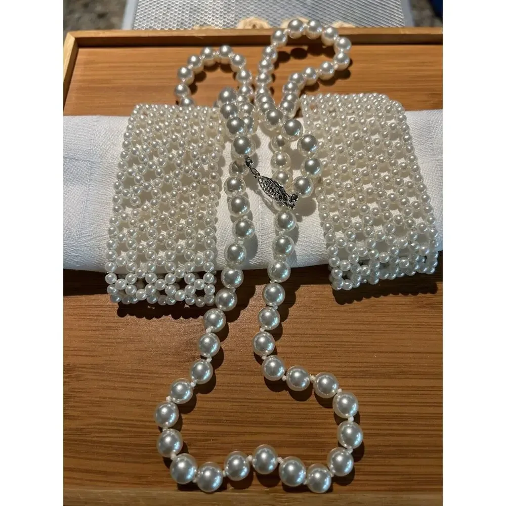 Vntg Lot‎ Faux 2 Pearl Lattice Stretch Bracelets Wide + Strand Knotted Necklace
